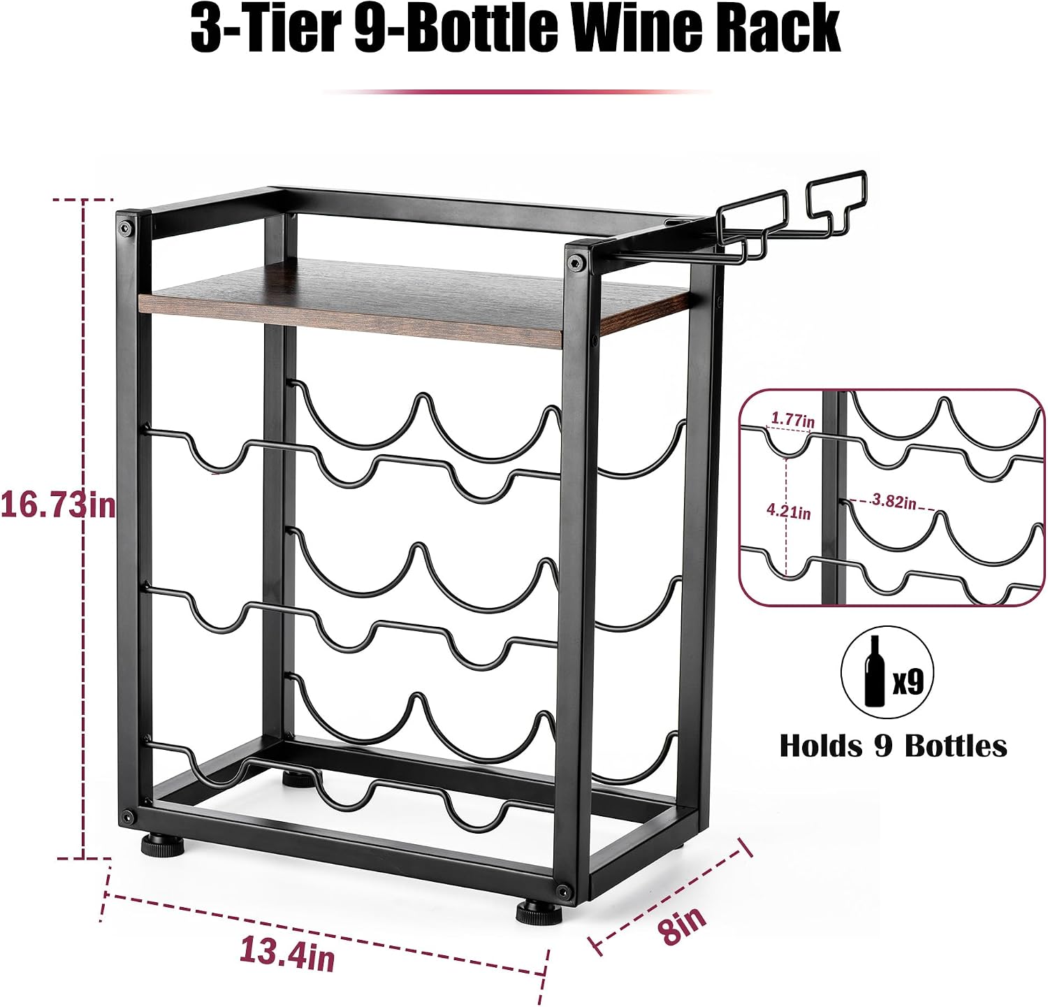 Wooden Countertop Wine Rack with Tray, Freestanding Wine Bottle Holder for 9 Bottles & 2 Glasses, Rustic Wine Stand for Home, Bar, Kitchen, Wine Cellar