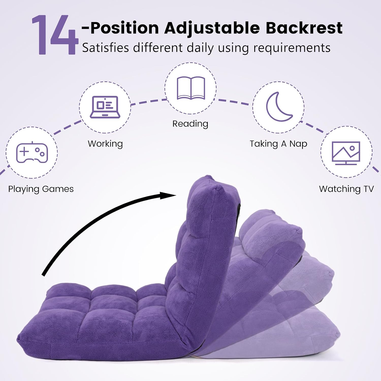 MAT EXPERT Floor Chair with Back Support, Floor Gaming Chair w/ 14 Adjustable Position, Soft Coral Fleece&Alloy Steel Frame, Foldable Padded Lazy Couch Recliner for Meditating (Violet, Large)