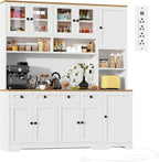 Pantry Cabinet with Glass Doors, 63" Kitchen Storage Cabinet with LED Light & Charging Station, Food Pantry Cabinet with 3 Drawers & Adjustable Shelves, Coffee Bar Cabinet for Dining Room, White