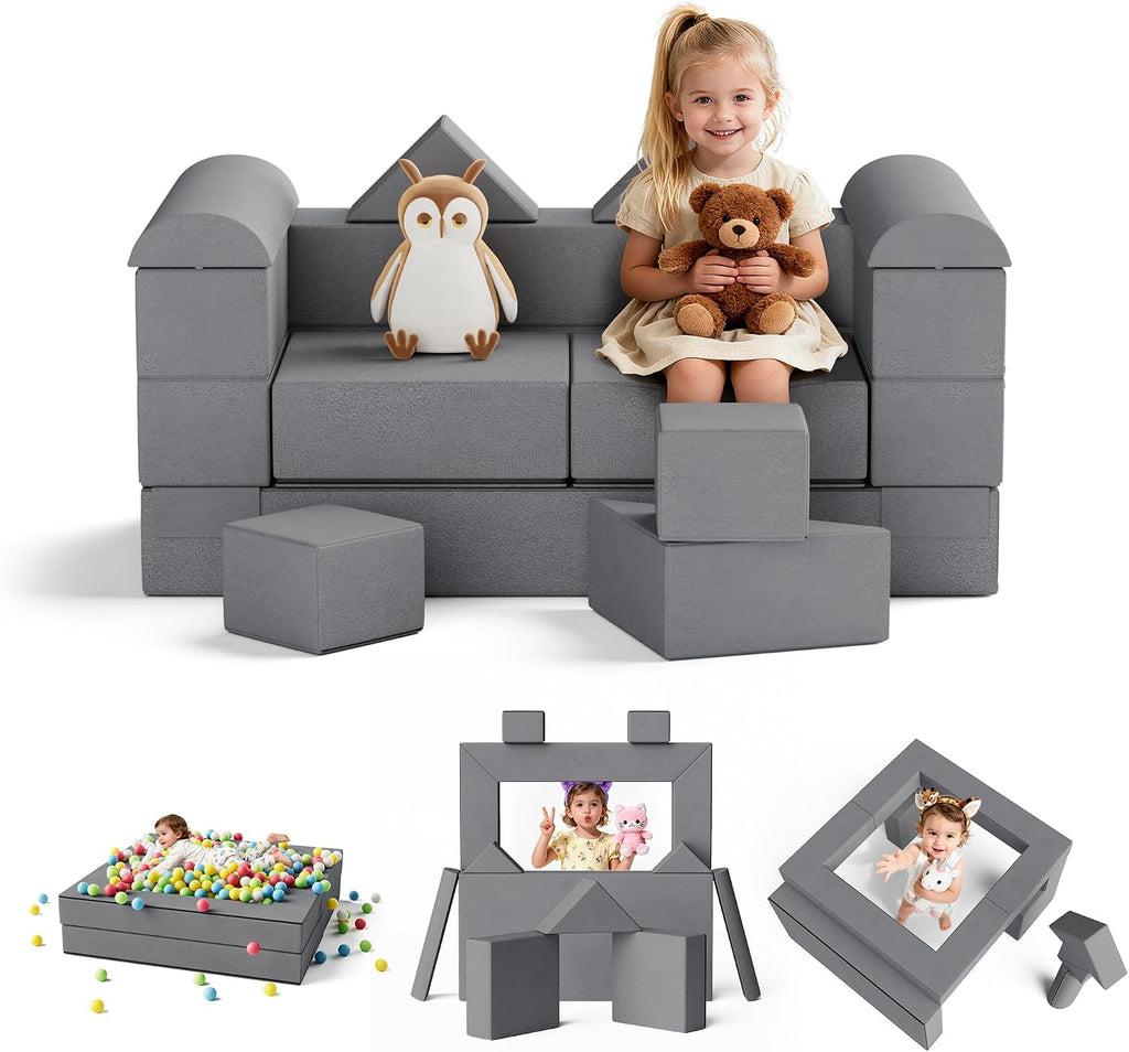 TOLEAD 11PCs Play Couch Sofa for Kids Imaginative Furniture Play Set for Creative Kids,Toddler to Teen Bedroom Furniture,Girls and Boys Playroom Sofa (Grey, 11PCs Play Couch)