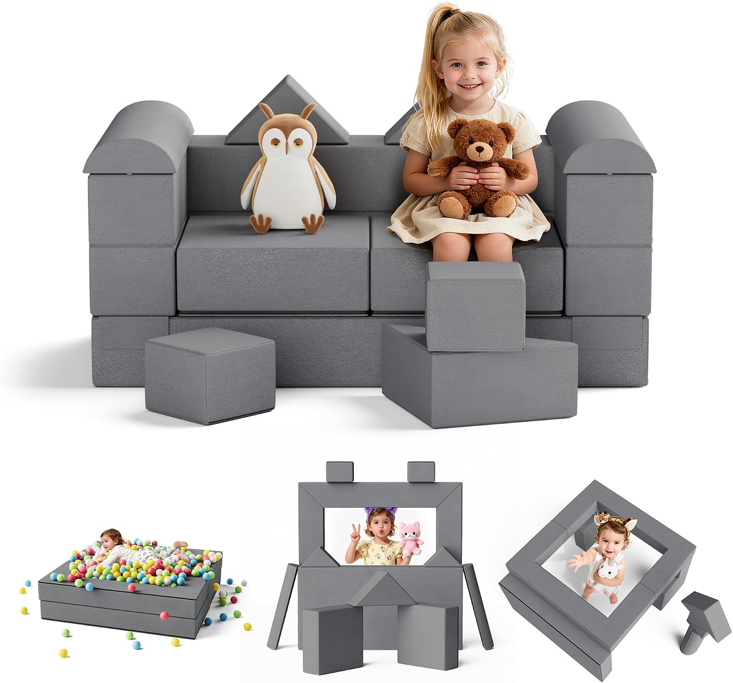 TOLEAD 11PCs Play Couch Sofa for Kids Imaginative Furniture Play Set for Creative Kids,Toddler to Teen Bedroom Furniture,Girls and Boys Playroom Sofa (Grey, 11PCs Play Couch)