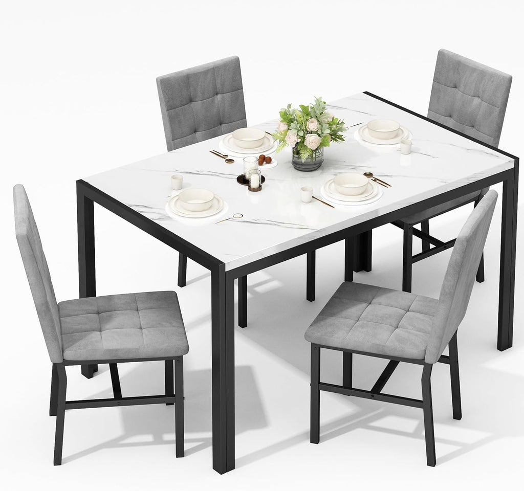 DKLGG 5-Piece Dining Table Set for 4, Faux Marble Kitchen Table Chairs Set of 4 with Upholstered Chairs, Modern Dining Room Table Set for Small Spaces (White+Tufted Grey)