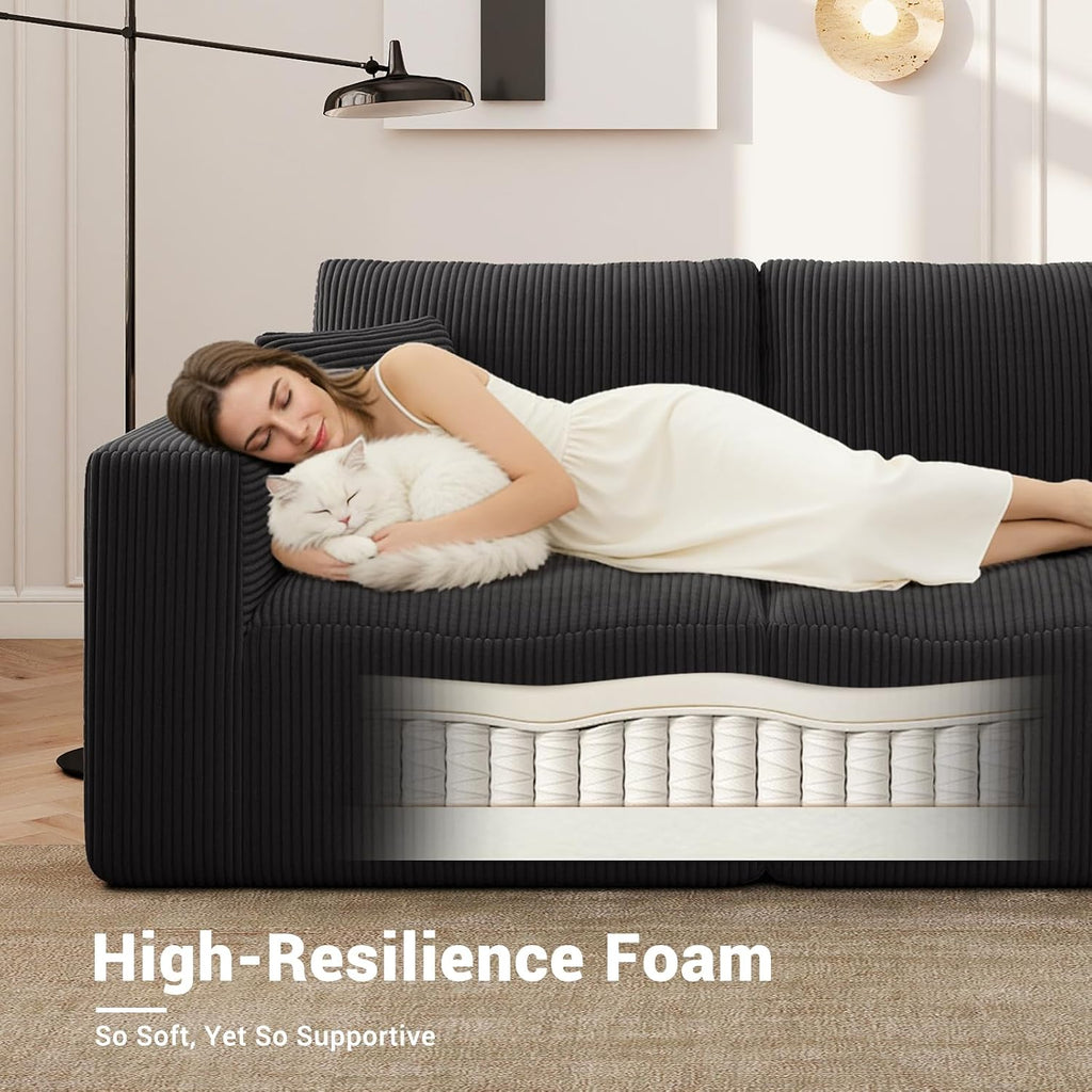 Modular Sleeper Sofa Couch Modern Sectional Couches for Living Room - 79" L-Shaped Boneless Cloud Couch - Easy Assembly Corduroy Convertible Sponge Compression Sofas with Chaise for Home House(Black)