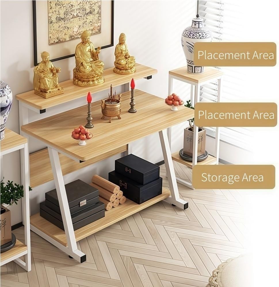 Altar Table with Dual-Tier Design, Compact Home Prayer Table with Storage Shelf for Buddha Statues, Incense, Offering(Brown,Large)