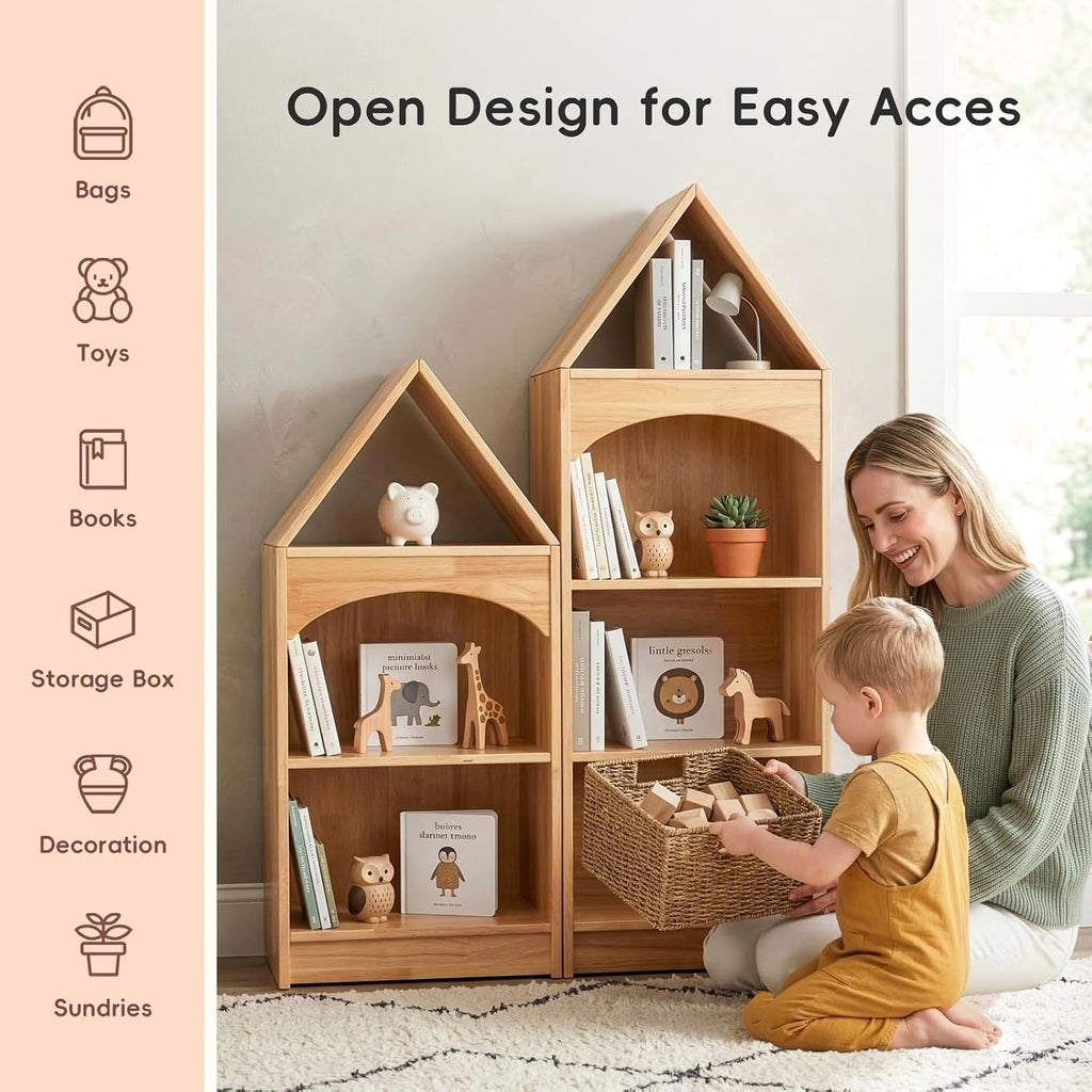 OOOK Rubberwood Montessori Shelf, 3-Tier Toy Organizers and Storage, Wood Corner Cabinet for Kids Room, Playroom, Nursery, Classroom, Kindergarten