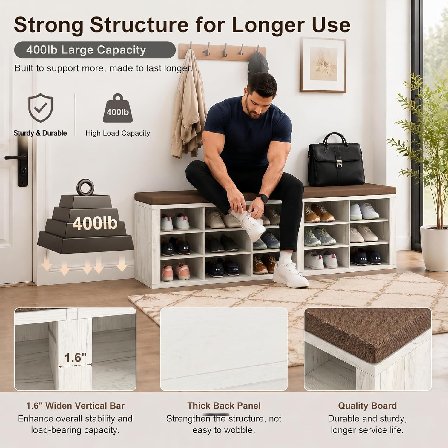 AMONIDA Shoe Storage Bench with Cushion, Entryway Bench with Shoe Storage,18 Cubby Shoe Bench with Removable Dividers, Shoe Organizer Bench for Entryway, Living Room, Light Grey (18, Light Wood)