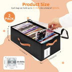 2 Pack DVD Storage Box, Stackable Oxford Fabric DVD Cases Holder with Front Zippered Clear Window and Handles, 15.7 x 7.9 x 6.1 In, Foldable DVD Organizer Rack, Holds Up to 50 DVDs (25 Each)