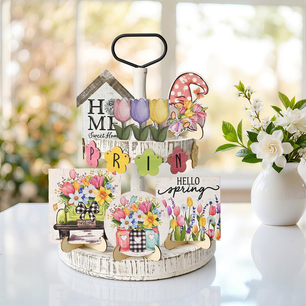 Smile Spring Wooden Decor Flower Floral Farmhouse Table Tray Home Kitchen, Spring Indoor Decoration