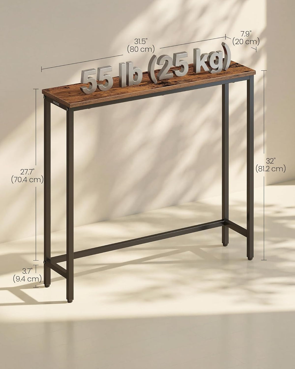 VASAGLE BARNET Collection - Console Table, Thin Narrow Entryway Doorway Table, One Piece Top, for Hallway Bedroom, Steel Frame, Modern, 1 Tier, Rustic Brown and Ink Black ULNT035KD01S