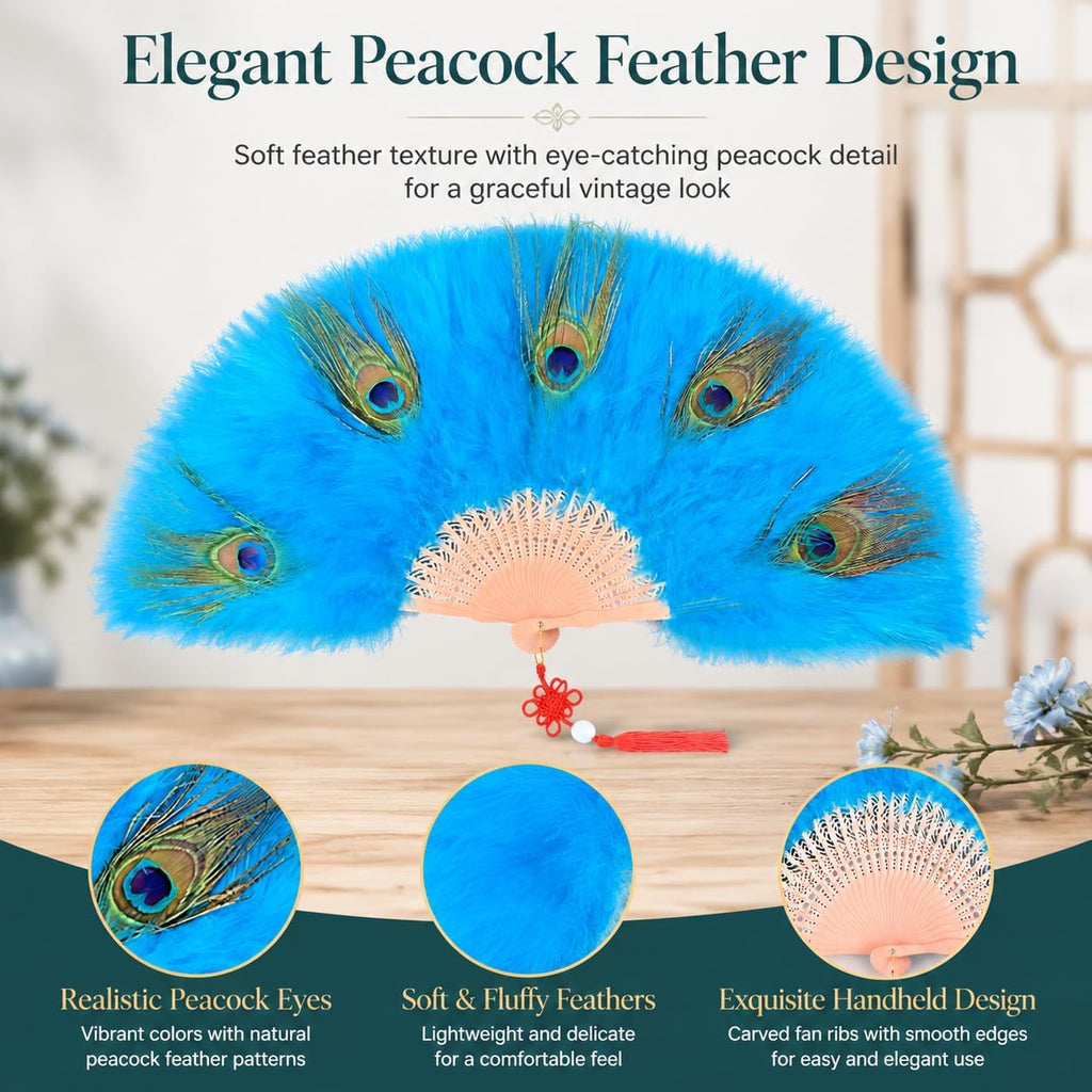 Peacock Feather Fan, Folding Hand Fan with Tassel, Vintage Costume Fan for Women, Dance Wedding Tea Party Photo Prop Decor (Mint Green)