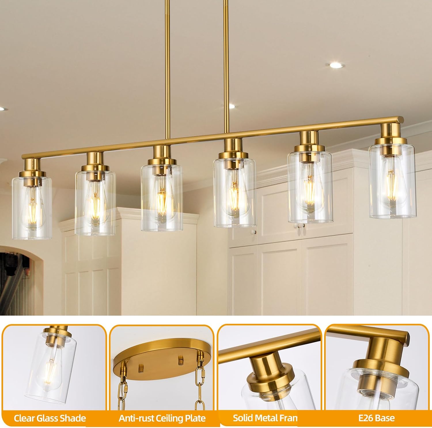 Kitchen Island Lighting, 6-Light Modern Dining Room Light Fixture Over Table,44.3'' Vintage Farmhouse Gold Linear Chandelier, Industrial Pendant Lights for Kitchen Island with Clear Glass Shade