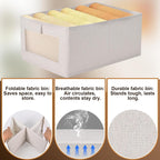 3 Pack Linen Storage Bins with Clear Window - Foldable Fabric Closet Organizer Shelf Baskets for Clothes, Toys, Towels, Jeans, Books, Shelves, 16"x11"x7" (Beige)