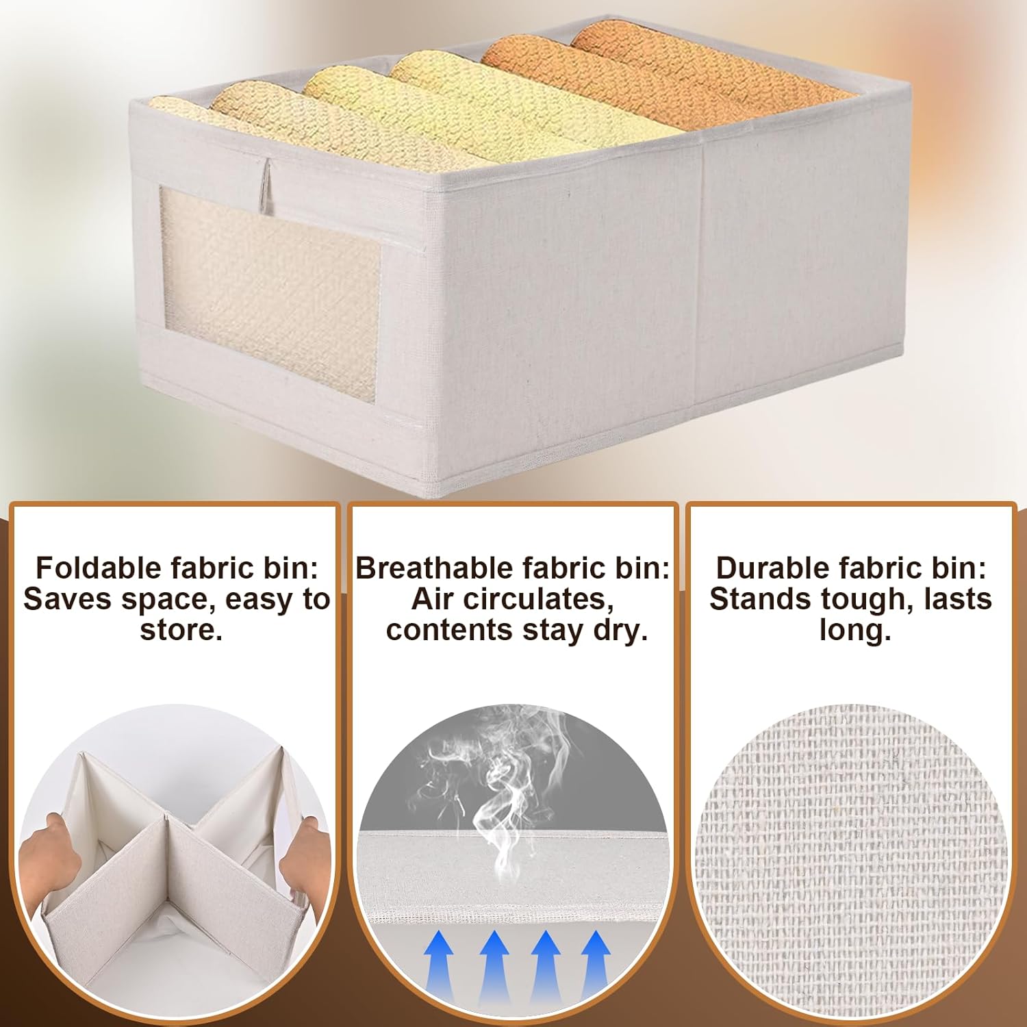 3 Pack Linen Storage Bins with Clear Window - Foldable Fabric Closet Organizer Shelf Baskets for Clothes, Toys, Towels, Jeans, Books, Shelves, 16"x11"x7" (Beige)