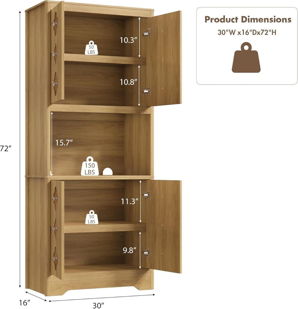 GarveeHome 72" Tall Pantry Cabinet with Carved Door, Kitchen Storage Cabinet with Shelf for Microwave, Freestanding Wooden Cupboard with Crystal Handle, for Dining Living Room, Light Oak
