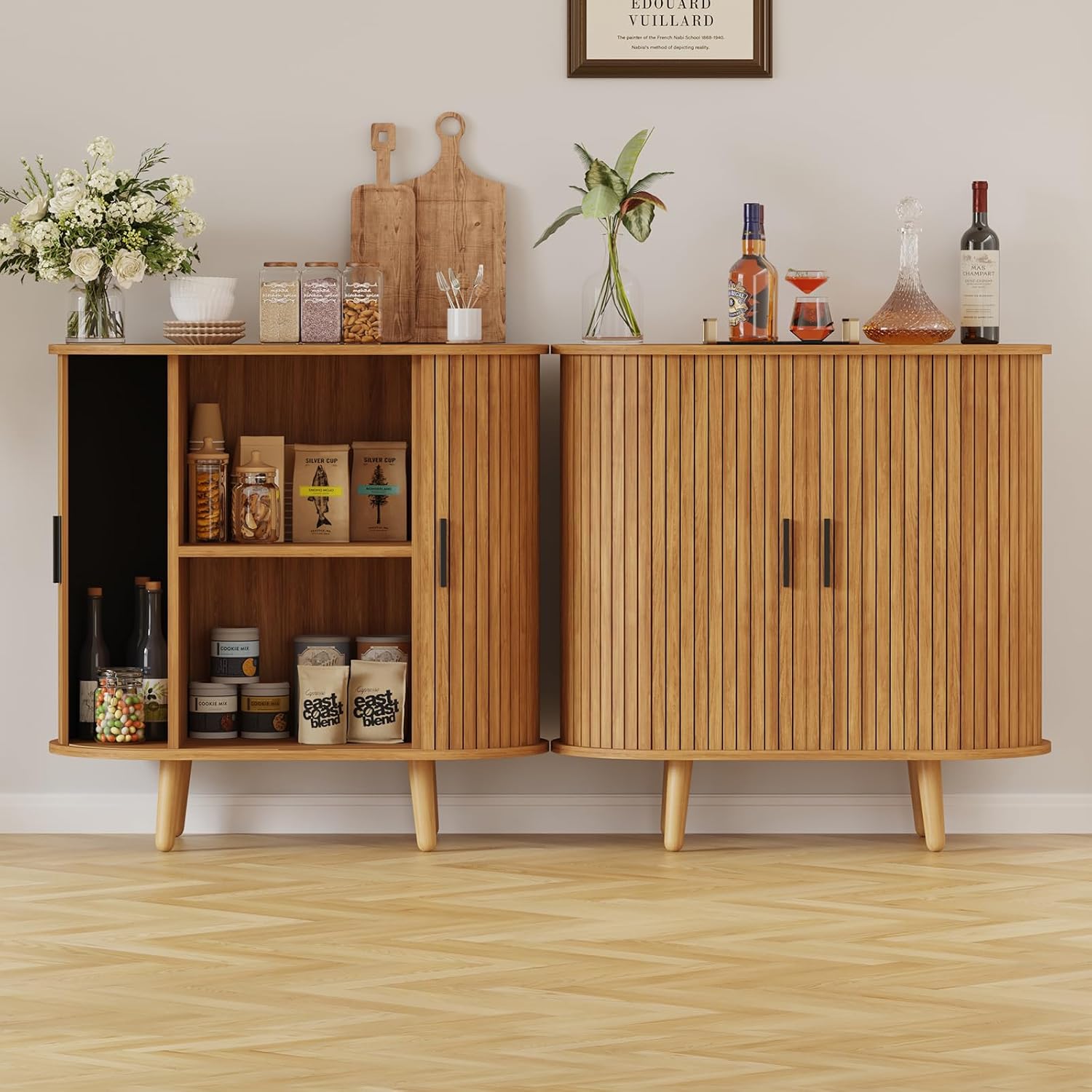 31.5" Buffet Cabinet,Sideboard Buffet Cabinet with Storage,Sideboard Console Table with Sliding Door & Adjustable Shelf,Curved Edge Sideboard Cabinet for Living Room, Kitchen(Natural)