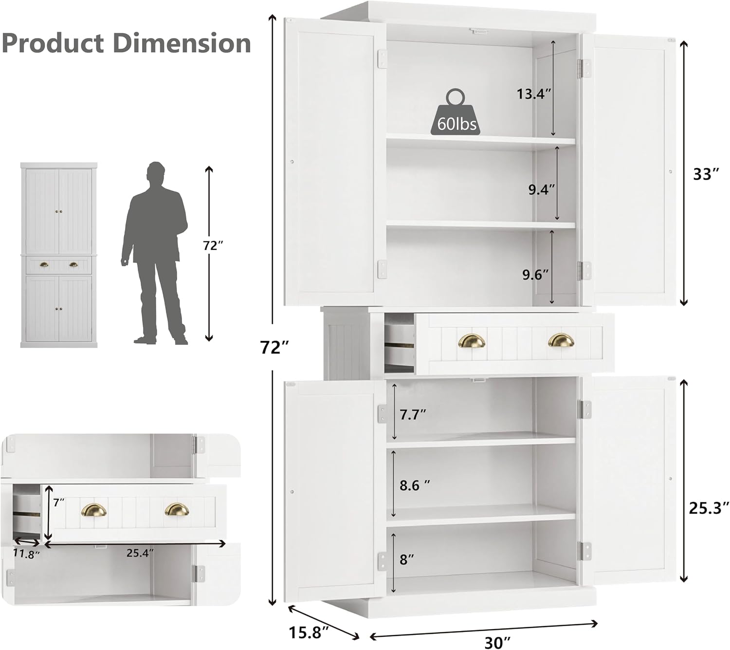 72" Kitchen Pantry,Tall Storage Cabinets with Doors and Shelves,Freestanding Pantry Cabinet for Bathroom,Dining Room and Living Room (Standard White)