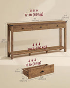 VASAGLE LIRY Collection Narrow Console Table with 3 Drawers and Storage Shelf, Long Sofa Table 9.4 x 63 x 29.9 Inch, Easy Assembly, for Entryway, Living Room, Farmhouse Style, Honey Brown ULNT148K101