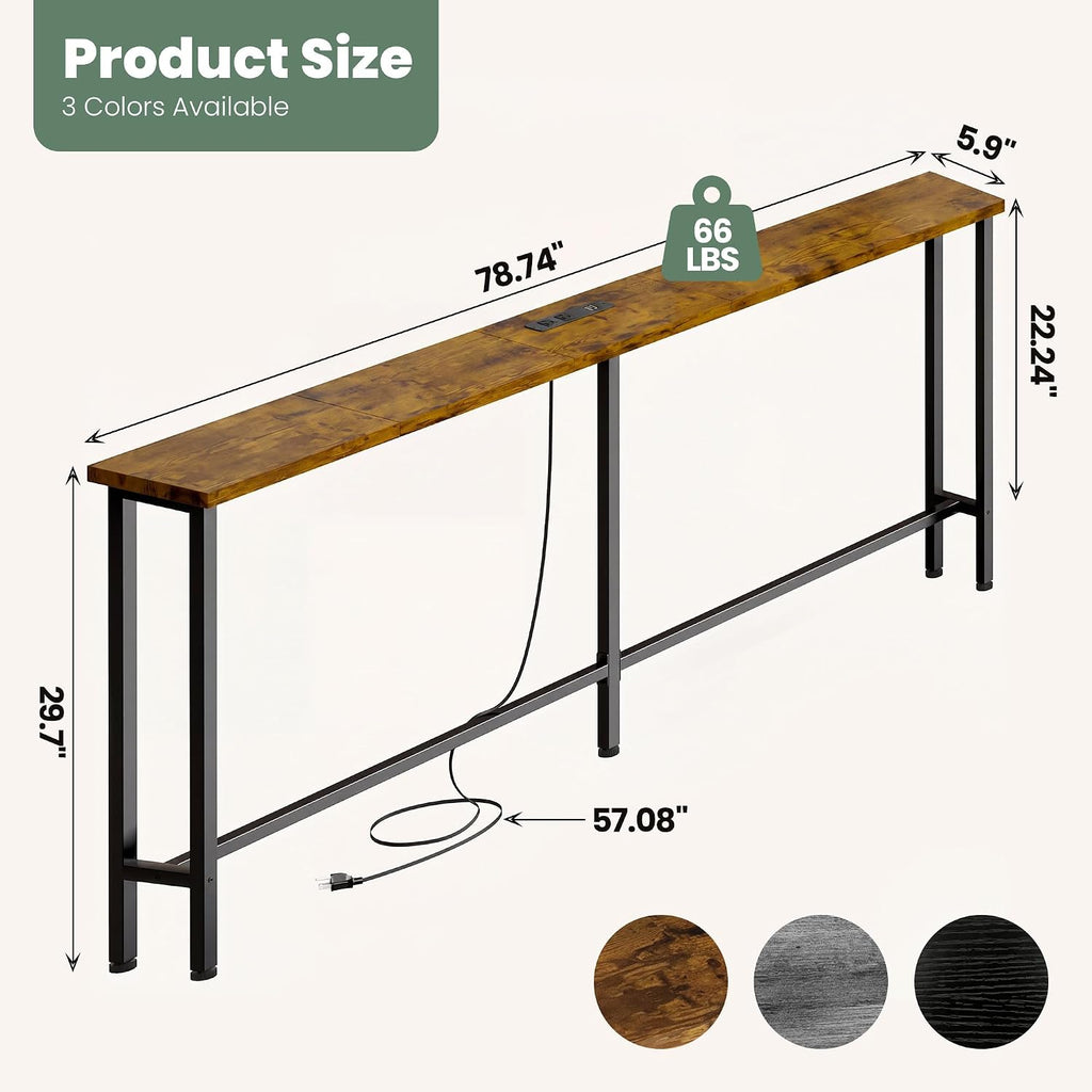 GRLEAF 78" Sofa Table with Built-in Power Strip (2 AC Outlets & 2 USB Ports) – 4.9ft Power Cord, Metal Frame, Easy Assembly, Long Couch Table Behind Sofa, Living Room and Home Office | Rustic Brown