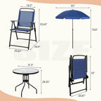 Vongrasig 6 Pieces Folding Patio Dining Set, All Weather Small Metal Outdoor Table and Chair Set, Garden Patio Furniture Set w/Umbrella, Glass Table & 4 Folding Chairs for Lawn, Backyard, Blue