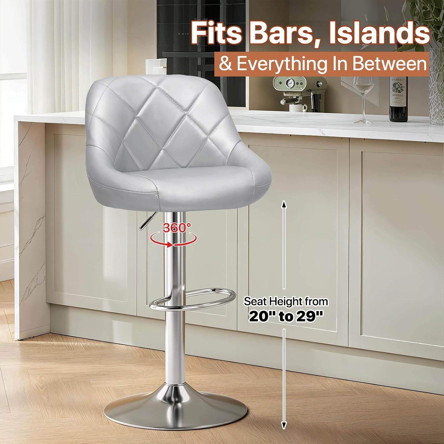 Magshion Bar Stools Set of 2, Swivel Counter Height Bar Stools, Modern Island Chair with Back and Footrest for Kitchen Dining Room, Silver