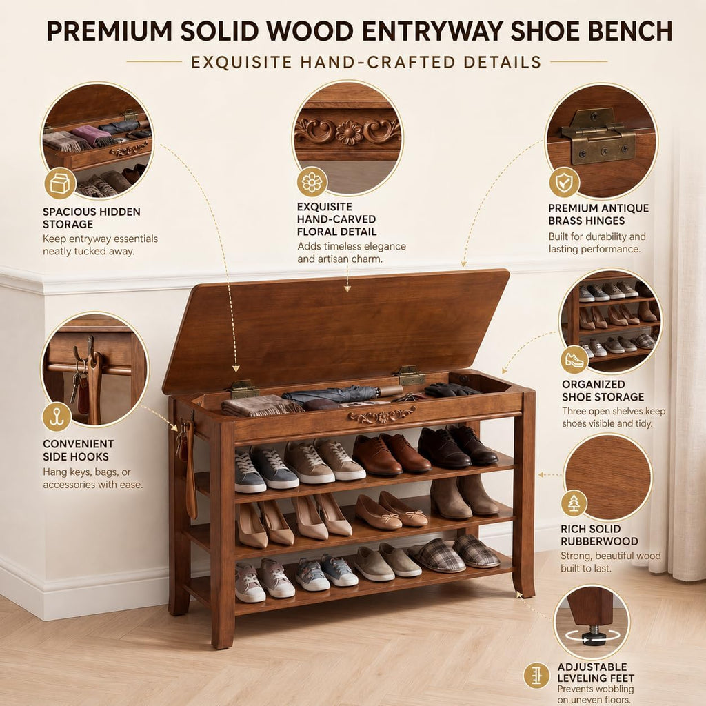Shoe Rack Bench with Lift-Top Storage,3-Tier Shoe Storage Bench with Wooden Seat,550lbs Heavy Duty Entryway Bench for Hallway,Foyer,Front Door,Closet,Shoe Organizer Bench,31.5"