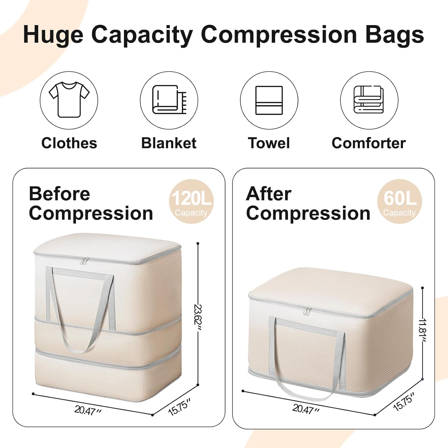 Comforter Storage Bag - 120L Bedding Storage Bags for Closet and Moving, Washable Blanket Storage Bag, Ultra Space Saving Self Compression Organizer, 2-Pack, Beige