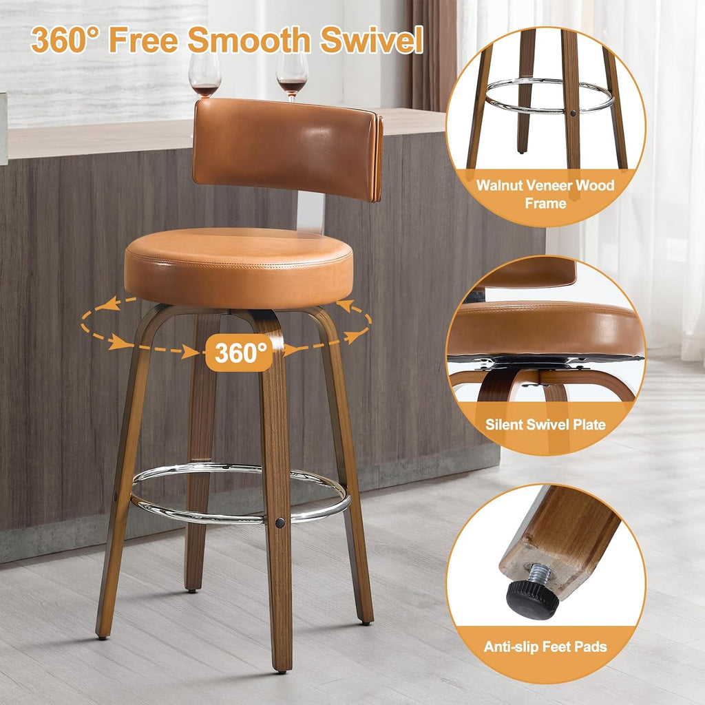 Bekrvio Swivel Counter Height Bar Stools Set of 3, 26" Faux Leather Kitchen Stools Upholstered Barstools with Back and Walnut Wood Legs, Mid Century Island Chairs Counter Stools, Brown