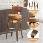 Bekrvio Swivel Counter Height Bar Stools Set of 3, 26" Faux Leather Kitchen Stools Upholstered Barstools with Back and Walnut Wood Legs, Mid Century Island Chairs Counter Stools, Brown
