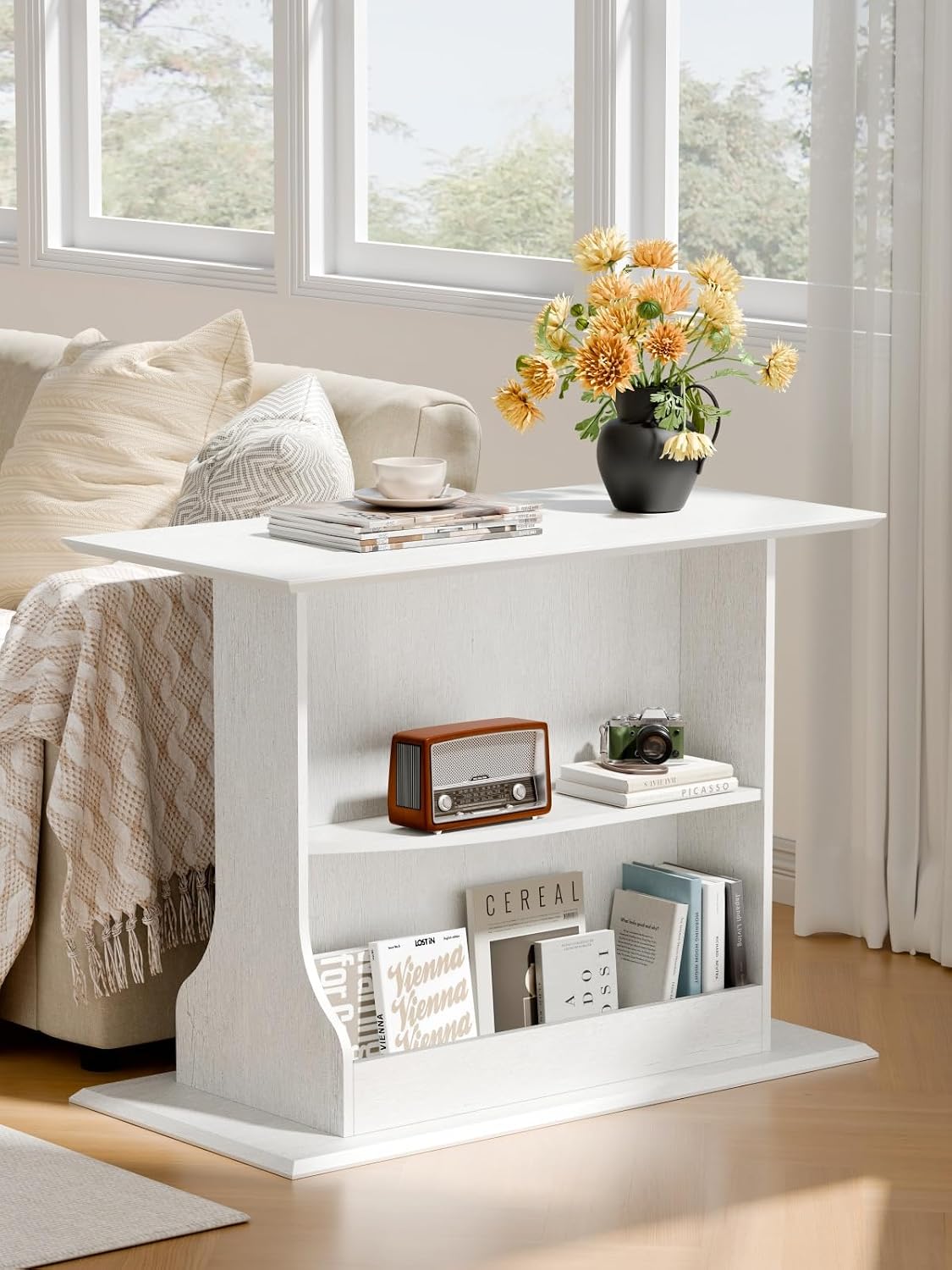 HIFYOBRO Skinny End Table for Small Spaces, 3-Tier Slim Nightstand with Double-Sided Storage, Rustic White Narrow Side Table for Living Room Bedroom Office, Easy Assembly