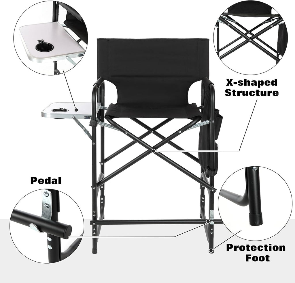 Aluminum Tall Directors Chairs Foldable, 41'' Makeup Chair for Makeup Artist with Side Table Cup Holder Storage Bag and Footrest, Weighs Only 8.8lb, 250lbs Capacity