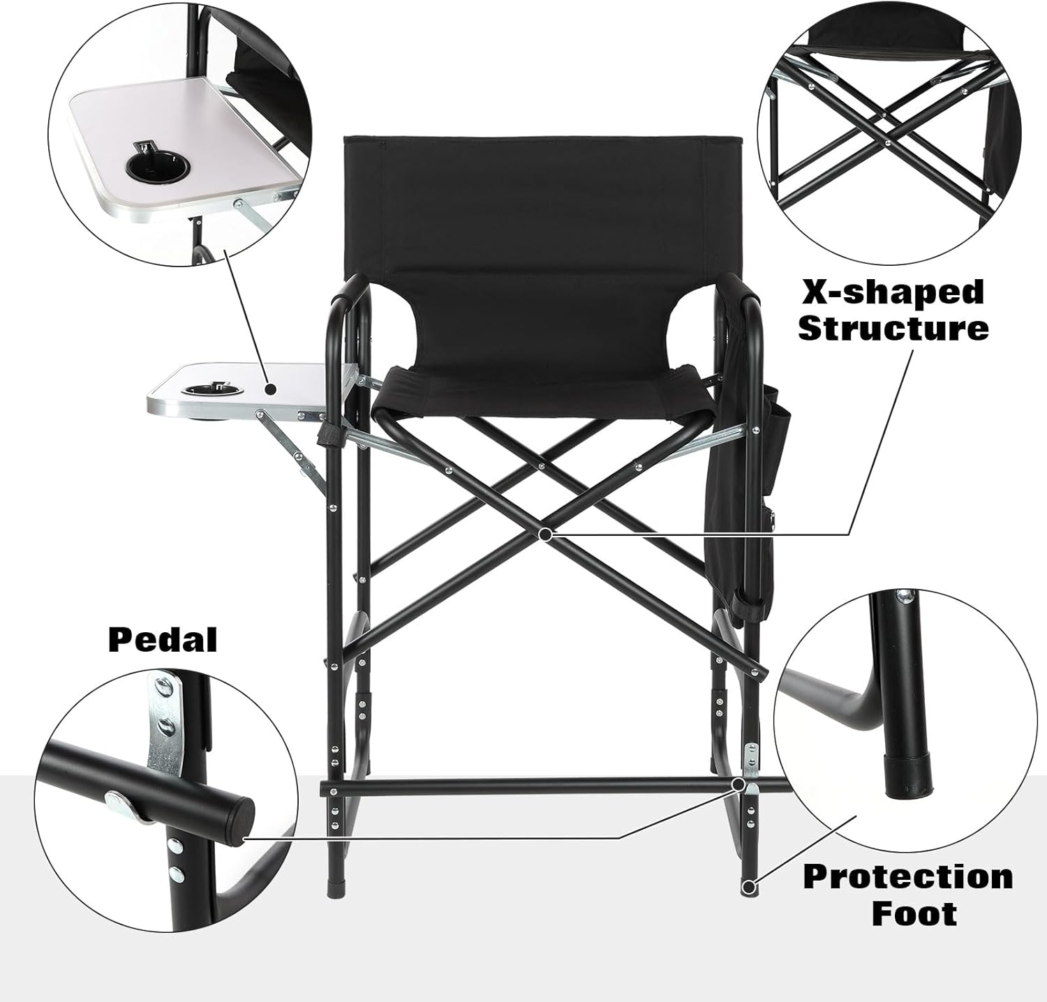 Aluminum Tall Directors Chairs Foldable, 41'' Makeup Chair for Makeup Artist with Side Table Cup Holder Storage Bag and Footrest, Weighs Only 8.8lb, 250lbs Capacity