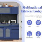 SOFTSEA Tall Kitchen Pantry with Hutch and 6 Drawers, Large Coffee Bar Storage Cabinet with 5 Doors & Adjustable Shelves, Pantry Organizer with Pegboard and Power Outlet, for Dining Room, Blue