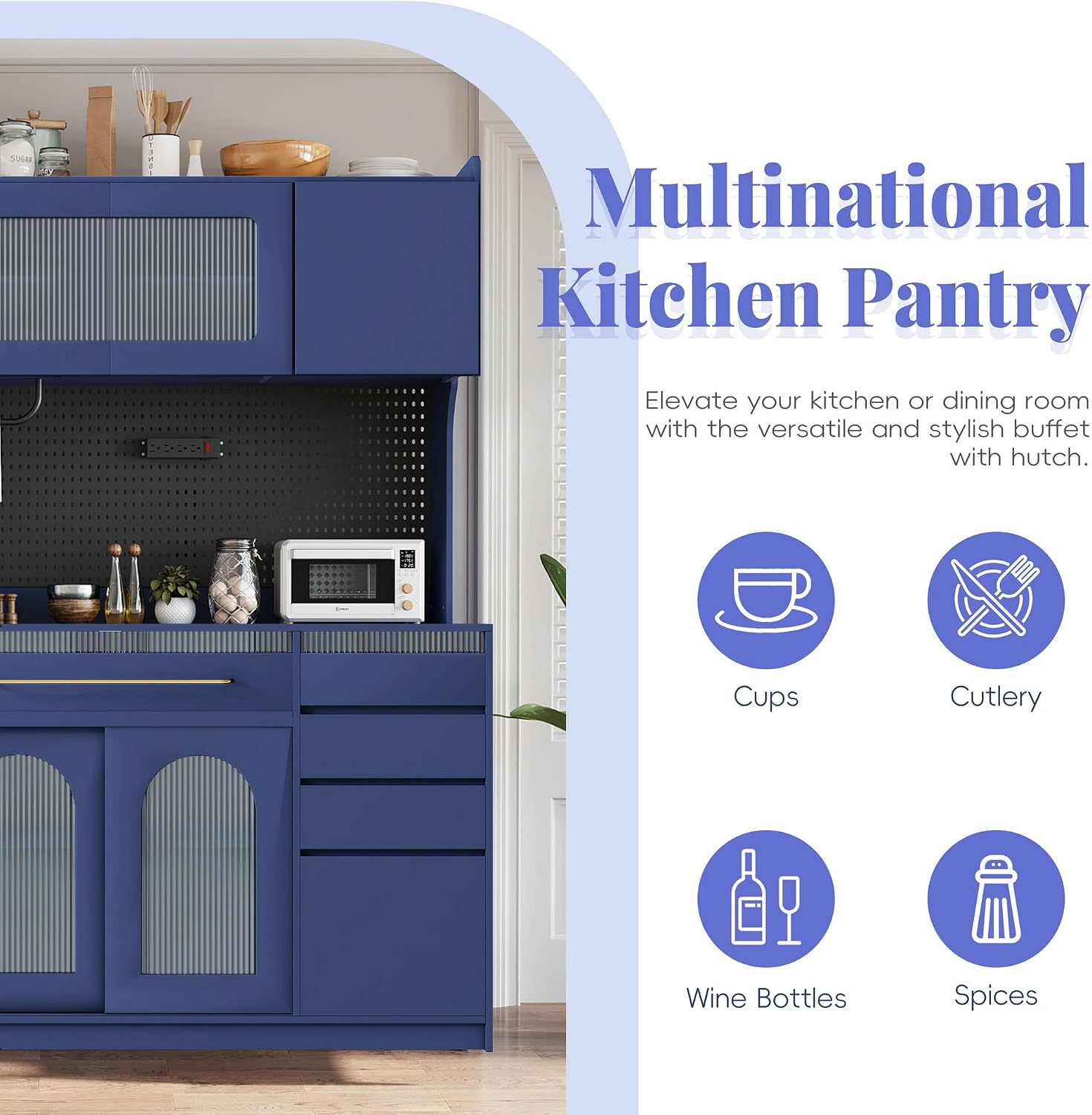 SOFTSEA Tall Kitchen Pantry with Hutch and 6 Drawers, Large Coffee Bar Storage Cabinet with 5 Doors & Adjustable Shelves, Pantry Organizer with Pegboard and Power Outlet, for Dining Room, Blue