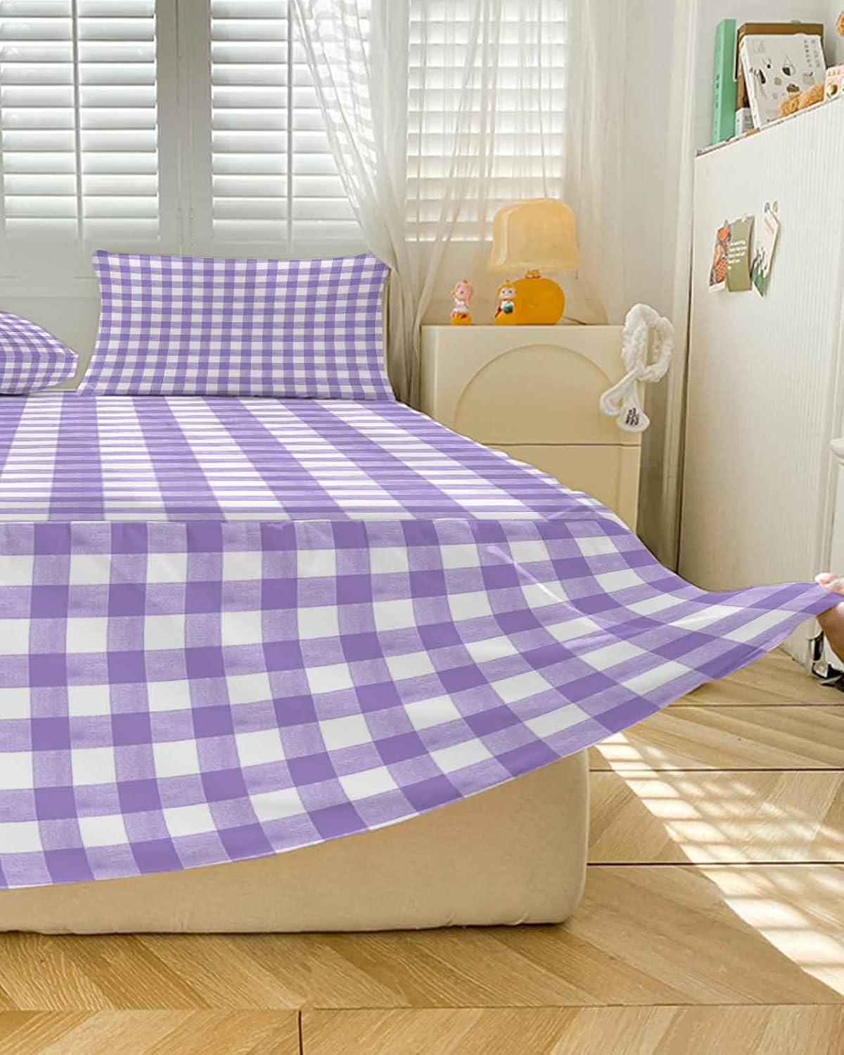Purple White Checkered Plaid Full Size Ruffle Bed Skirt,Luxury Bedskirt Gradient Buffalo Check Bed Sheet Set with 2 Pillow Shams for Bedroom Decor,18" Tailored Drop Ruffle