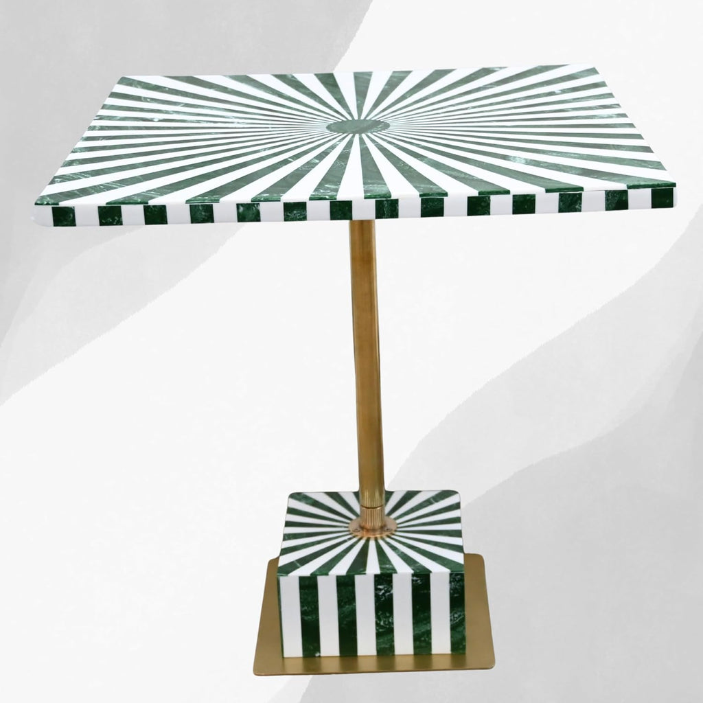 Handcrafted Green White Bone Inlay Side Table Sunburst Design Brass Pedestal Accent Table Modern End Table for Living Room Bedroom Home Decor