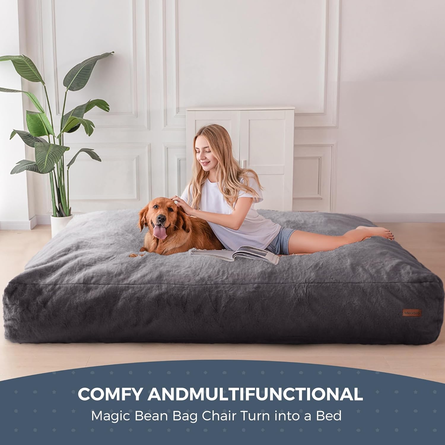 MAXYOYO Giant Bean Bag Chair Bed for Adults, Convertible Beanbag Folds from Lazy Chair to Floor Couch Bed, Large Floor Sofa Couch, Big Sofa Bed, High-Density Foam Filling, Machine Washable