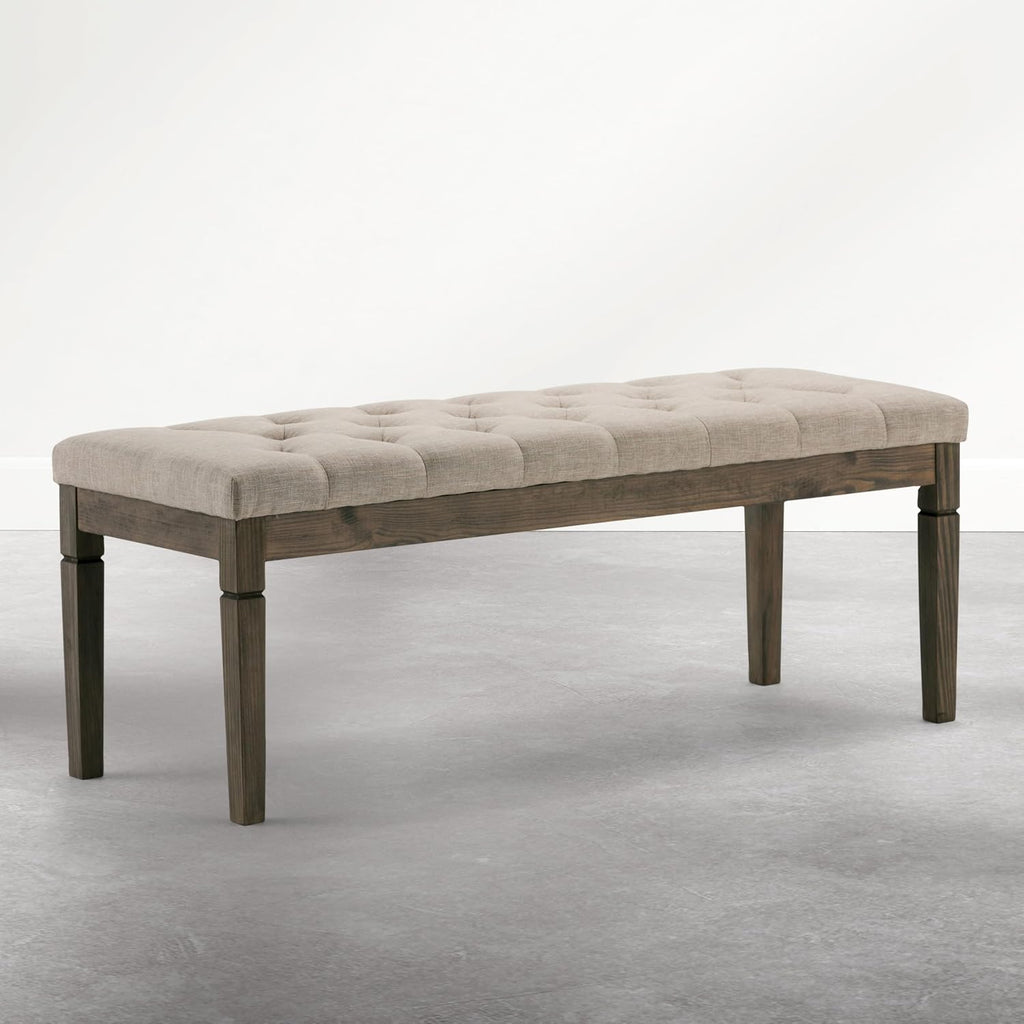 SIMPLIHOME Waverly Tufted Ottoman Bench - 48 inch Wide Upholstered Linen Look Fabric Rectangle Footstool Ottoman in Wheat Beige, Traditional Bench for Entryway or Living Room with Carved Legs