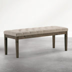 SIMPLIHOME Waverly Tufted Ottoman Bench - 48 inch Wide Upholstered Linen Look Fabric Rectangle Footstool Ottoman in Wheat Beige, Traditional Bench for Entryway or Living Room with Carved Legs