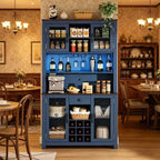 Navy Blue Kitchen Pantry Cabinet, Tall Buffet with Wine Storage, Coffee Bar & Mesh Doors