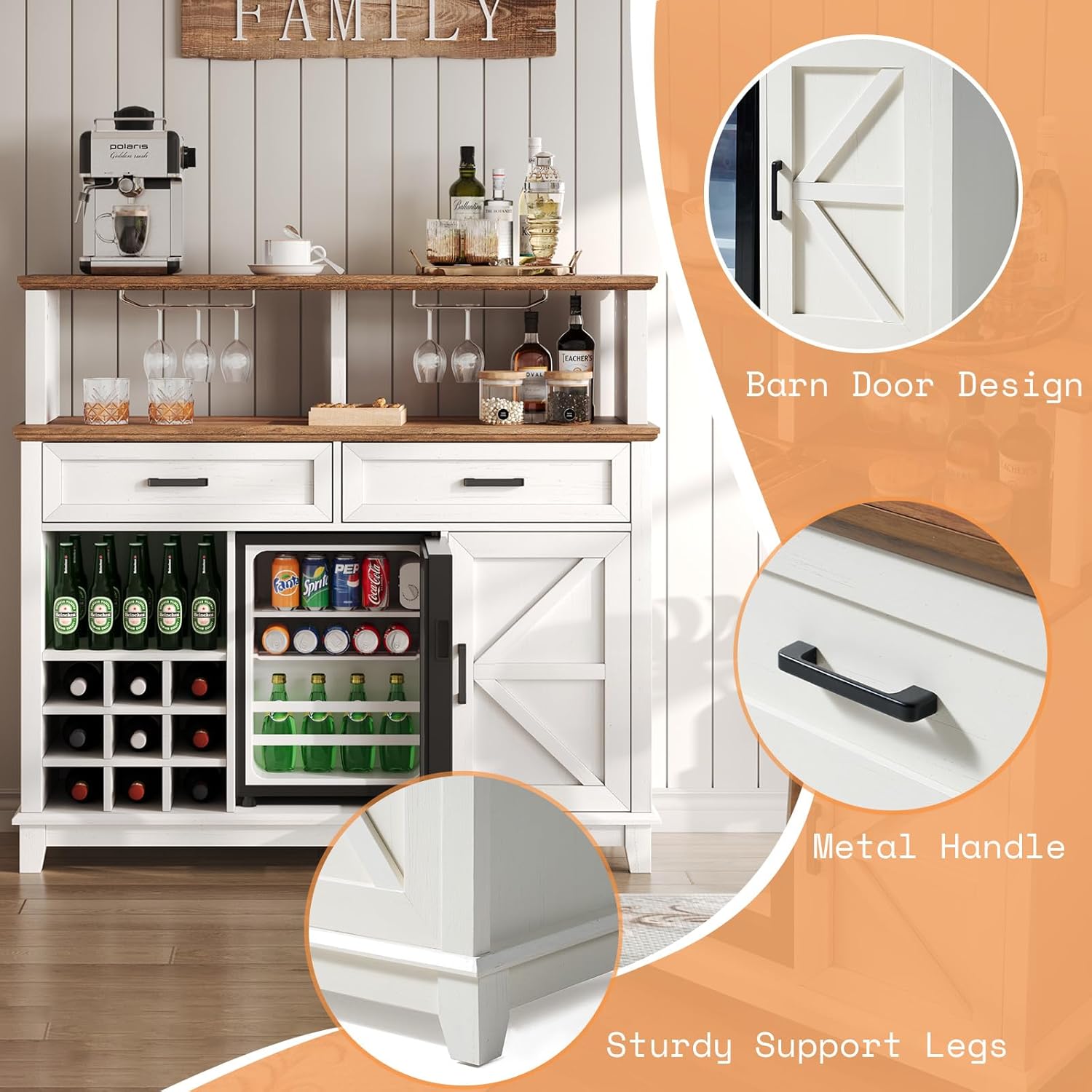 AMERLIFE 47" Farmhouse Coffee Bar Cabinet with 15" Refrigerator & Wine Rack & Glass Holder, Wine Cabinet with Storage Drawers & Open Shelves, Sideboard Buffet Cabinet for Dinging Room, Living Room