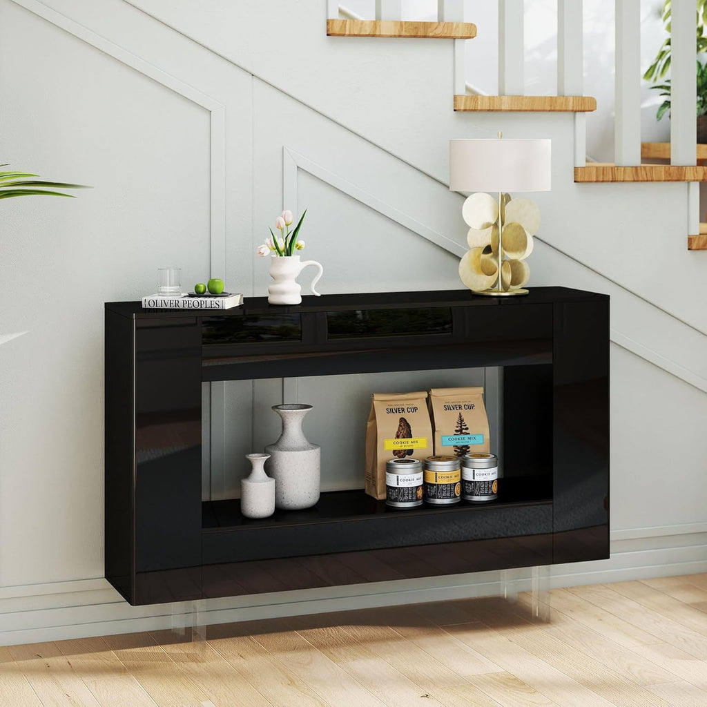 Console Table, 47" High Gloss Entryway Table with Hidden Storage Cabinets, Adjustable Shelves, Modern Sofa Table for Behind The Couch, Living Room, Hallway, Black