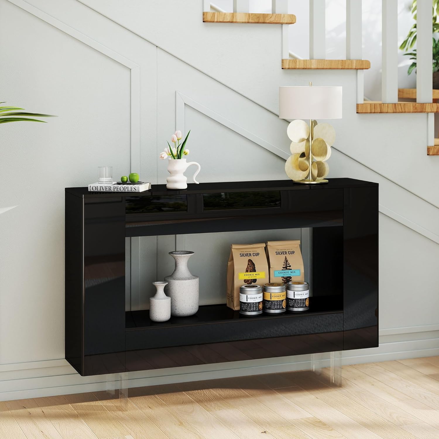 Console Table, 47" High Gloss Entryway Table with Hidden Storage Cabinets, Adjustable Shelves, Modern Sofa Table for Behind The Couch, Living Room, Hallway, Black