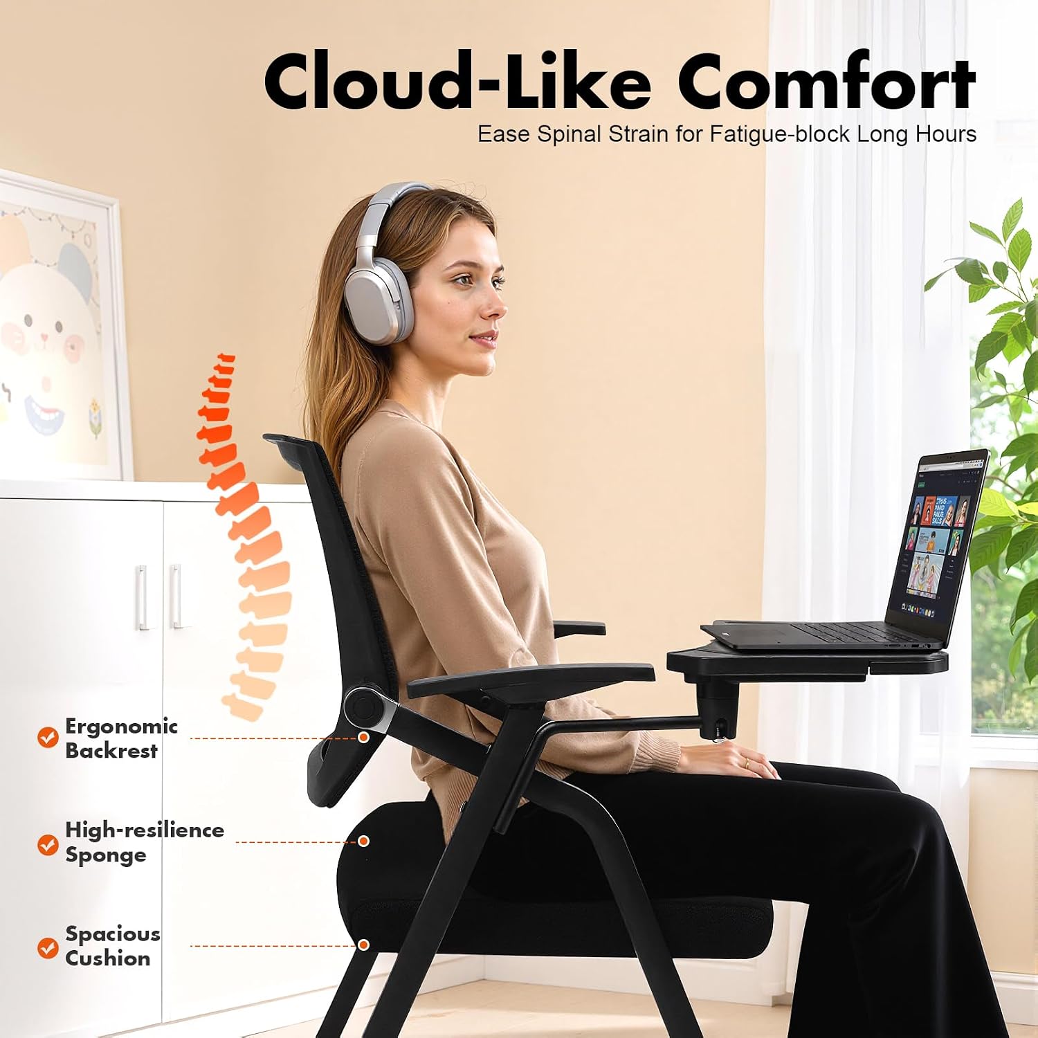 Foldable Conference Room Chair Office Guest Chairs and Reception Chairs with Wheels,Mesh Back Guest Reception Chair Foldable Desk Chair for Home Office,Black (2 PCS with Tablet)