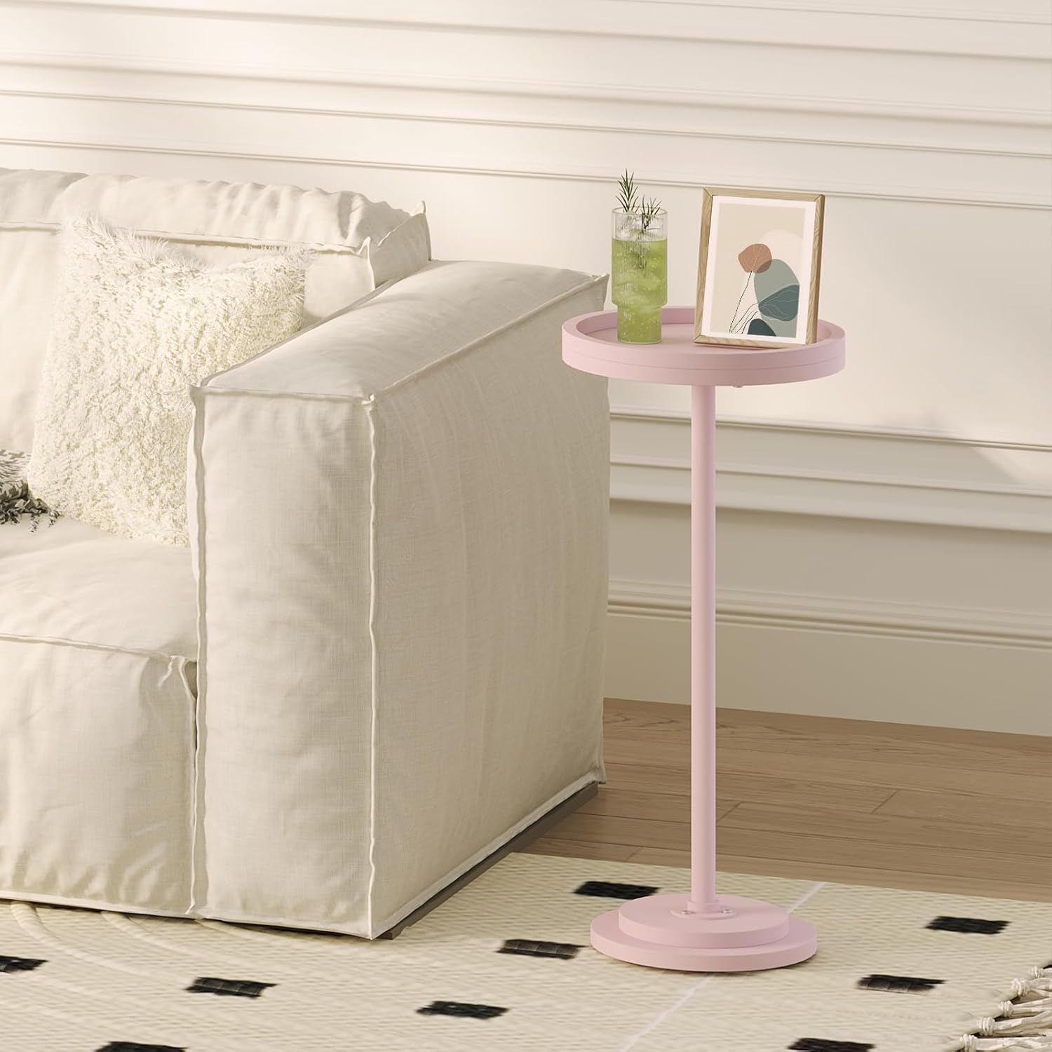 HOOBRO Small Round Side Table, Drink Table, Coffee Martini Table with Pedestal Accent for Small Spaces in Living Room, Bedroom, Sofa Couch, Pink KK168BZ01