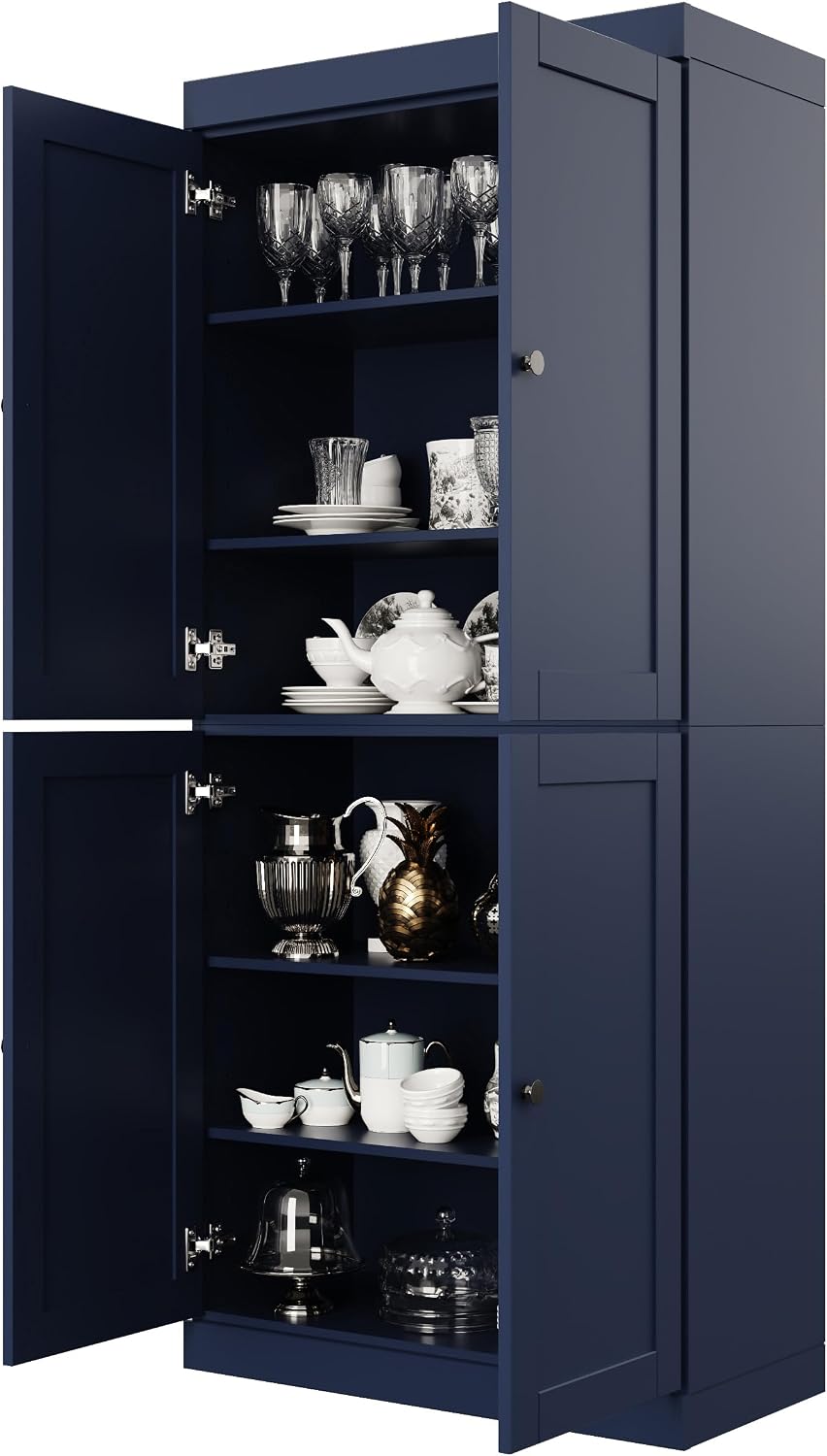 Palace Imports Solid Wood Kitchen Pantry Cabinet - 71.5" Tall x 32" W - Wooden Storage Cabinet with 4 Shaker Doors & 4 Adjustable Shelves, Navy Blue, 100% Renewable Eco-Friendly Wood, Made in Brazil