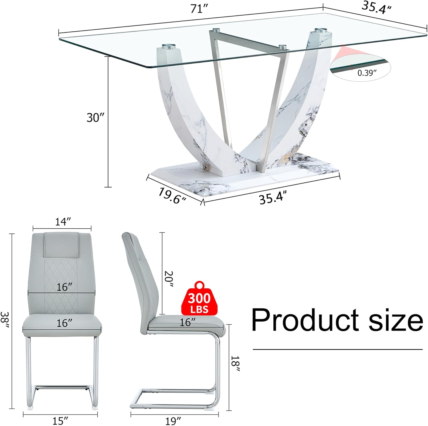 Modern Faux Marble Dining Table Set for 6, 63" Rectangular Kitchen Table with Elegant U-Shaped Pedestal Base and 6 Sleek Cantilever Chairs, Contemporary 7-Piece Dining Room Furniture Set