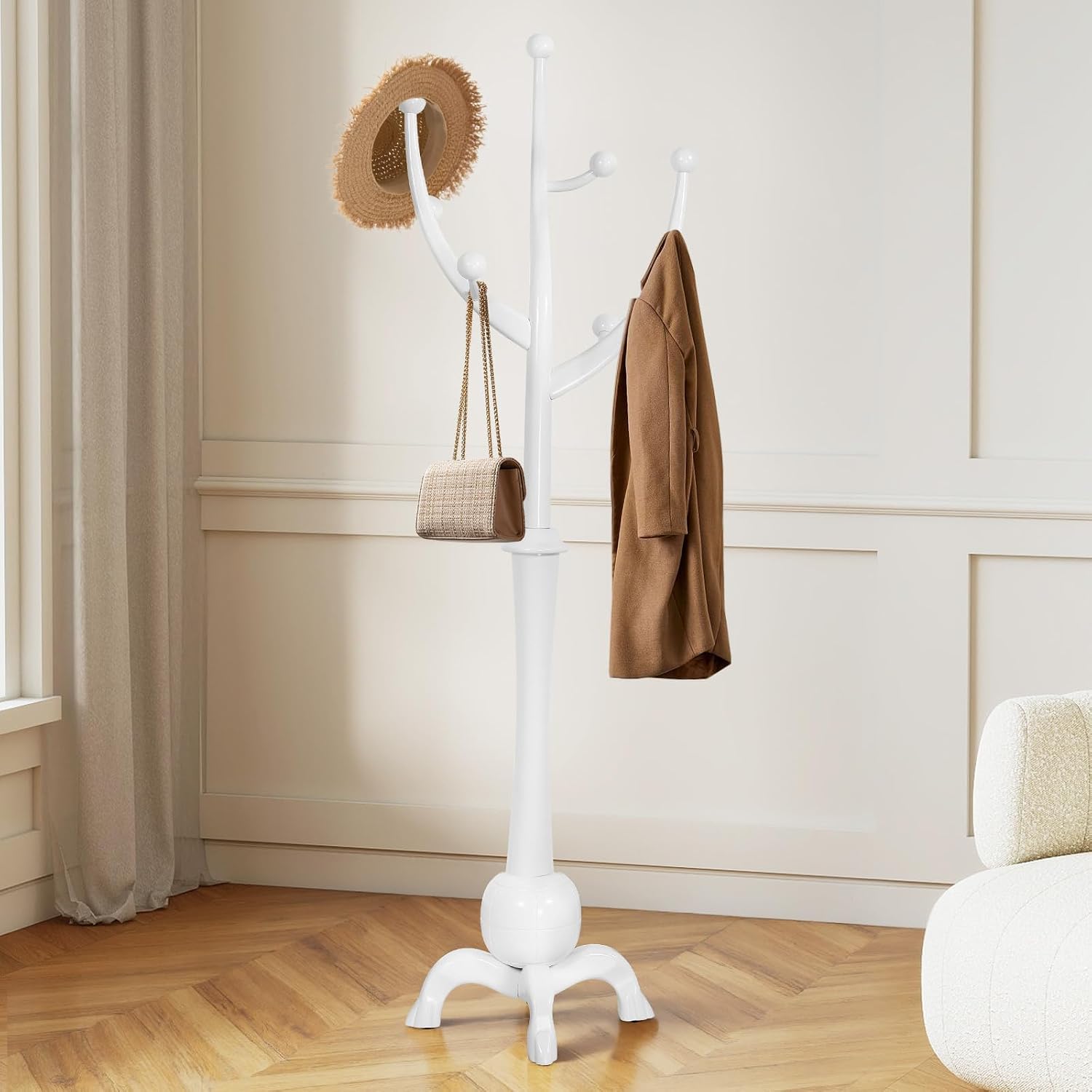 Wooden Coat Rack Freestanding Coat Tree with 8 Hooks, White | Stable Sphere Base, Heavy Duty Standing Coat Hanger for Entryway, Hallway, Bedroom, Coats, Hats, Bags