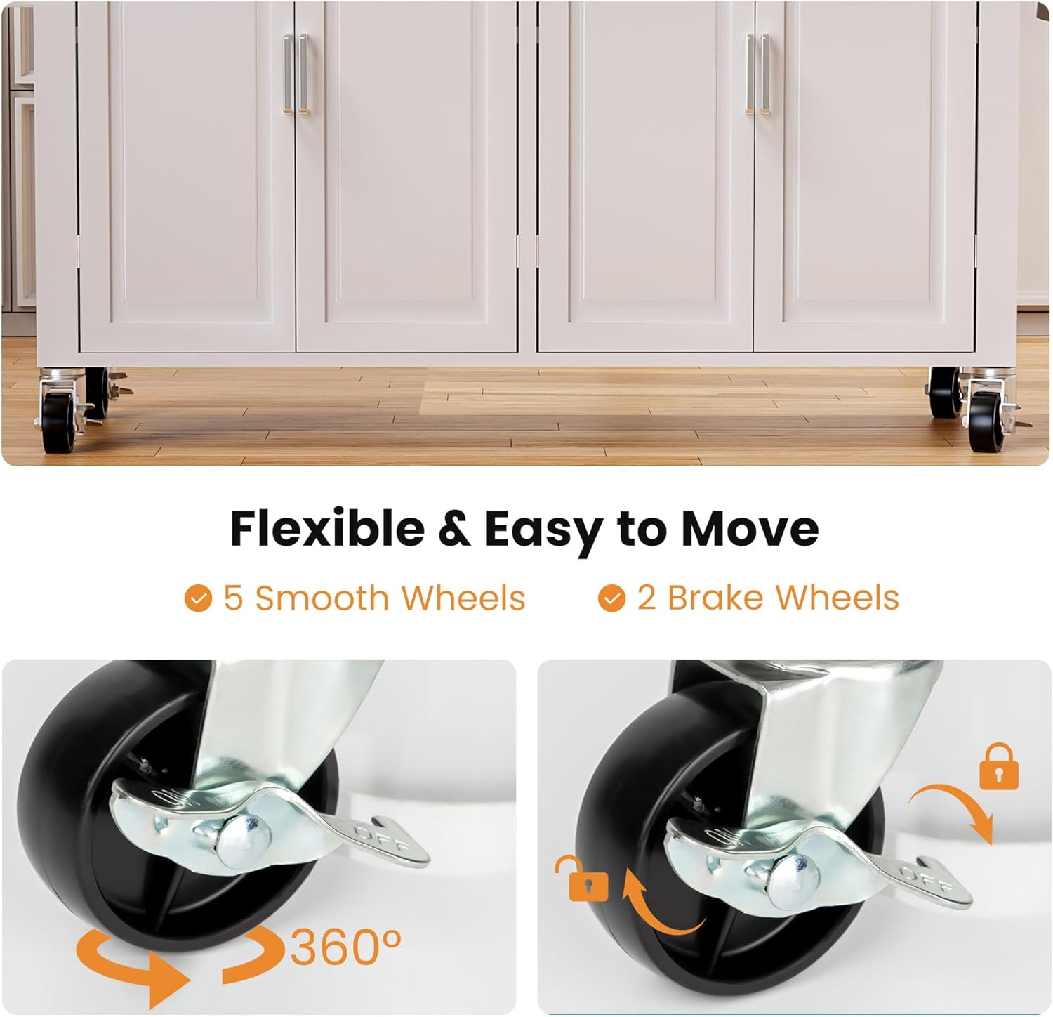 Kitchen Island with Storage 54" Large Rolling Kitchen Island Cart On Wheels 2 Cabinets 2 Drawers,Spice Towl Rack Mobile Kitchen Table White (No Drop Leaf)