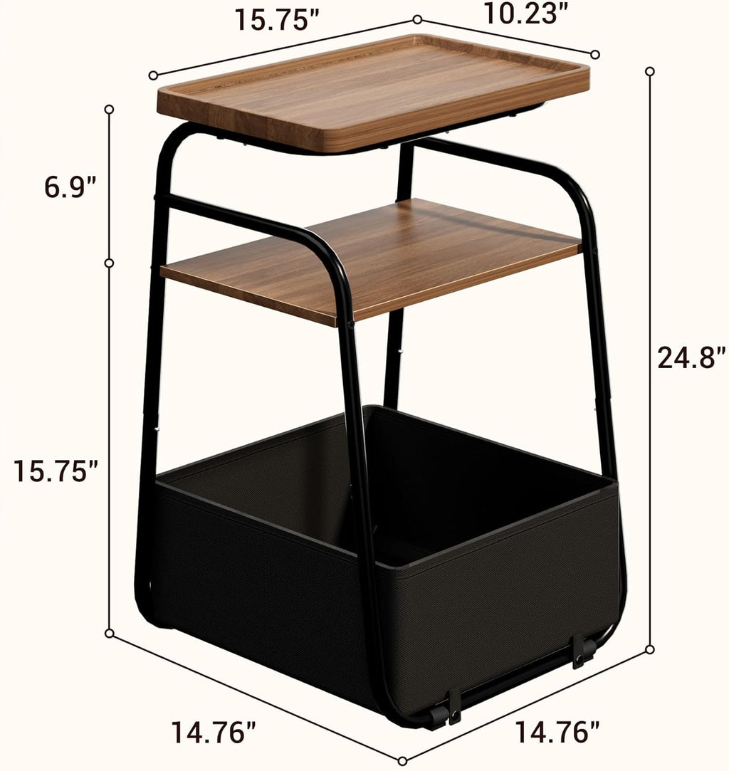 3 Tiers End Table with Fabric Basket, Small Side Table for Small Spaces, Modern Decor Nightstand with Handle, Tv Tray for Living Room, Bedroom, Dorm, Walnut