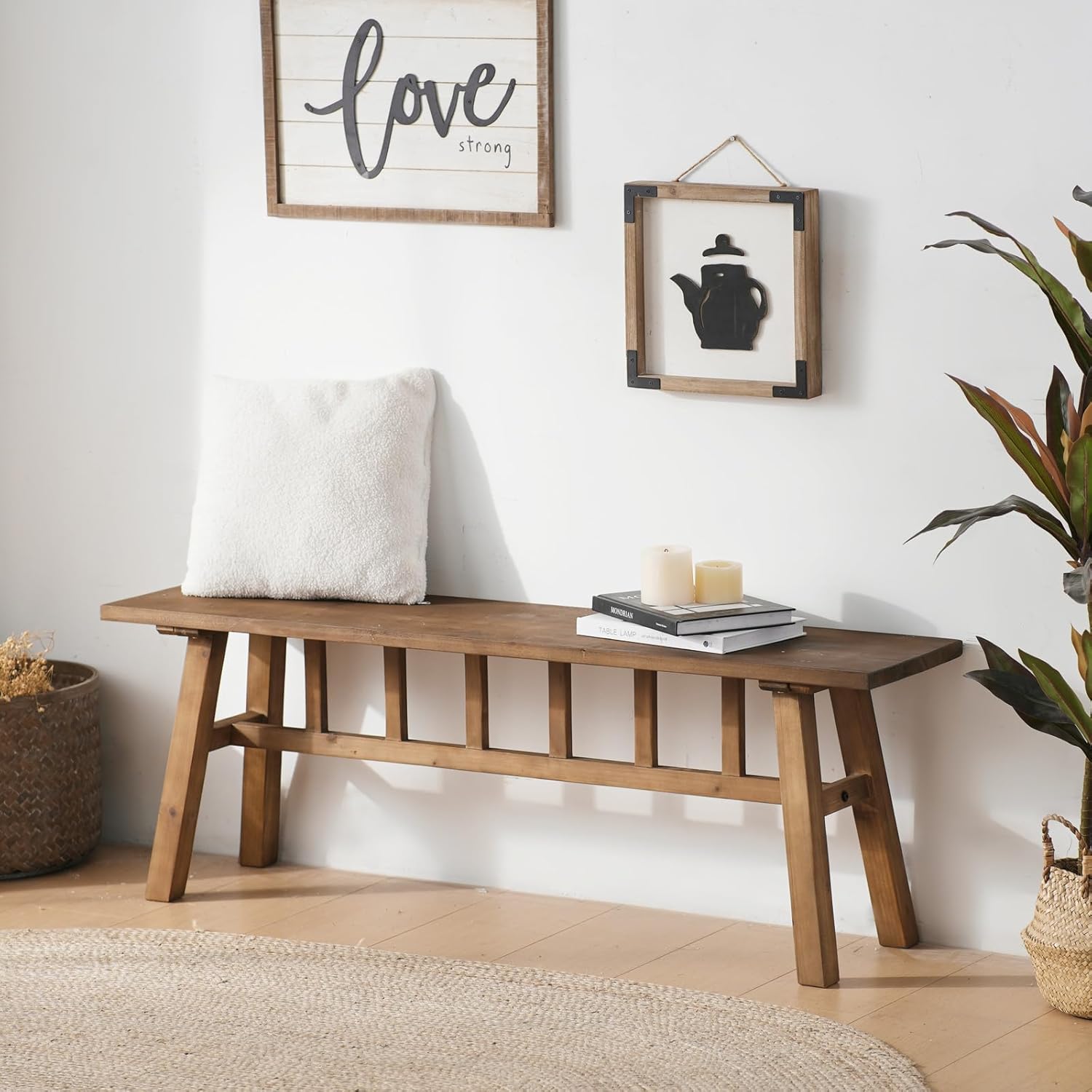 Wnutrees 51.2" Solid Wood Bench, Farmhouse Rustic Entryway Bench Seat for Dining Room, Hallway, End of Bed, Handcrafted Finish, Natural